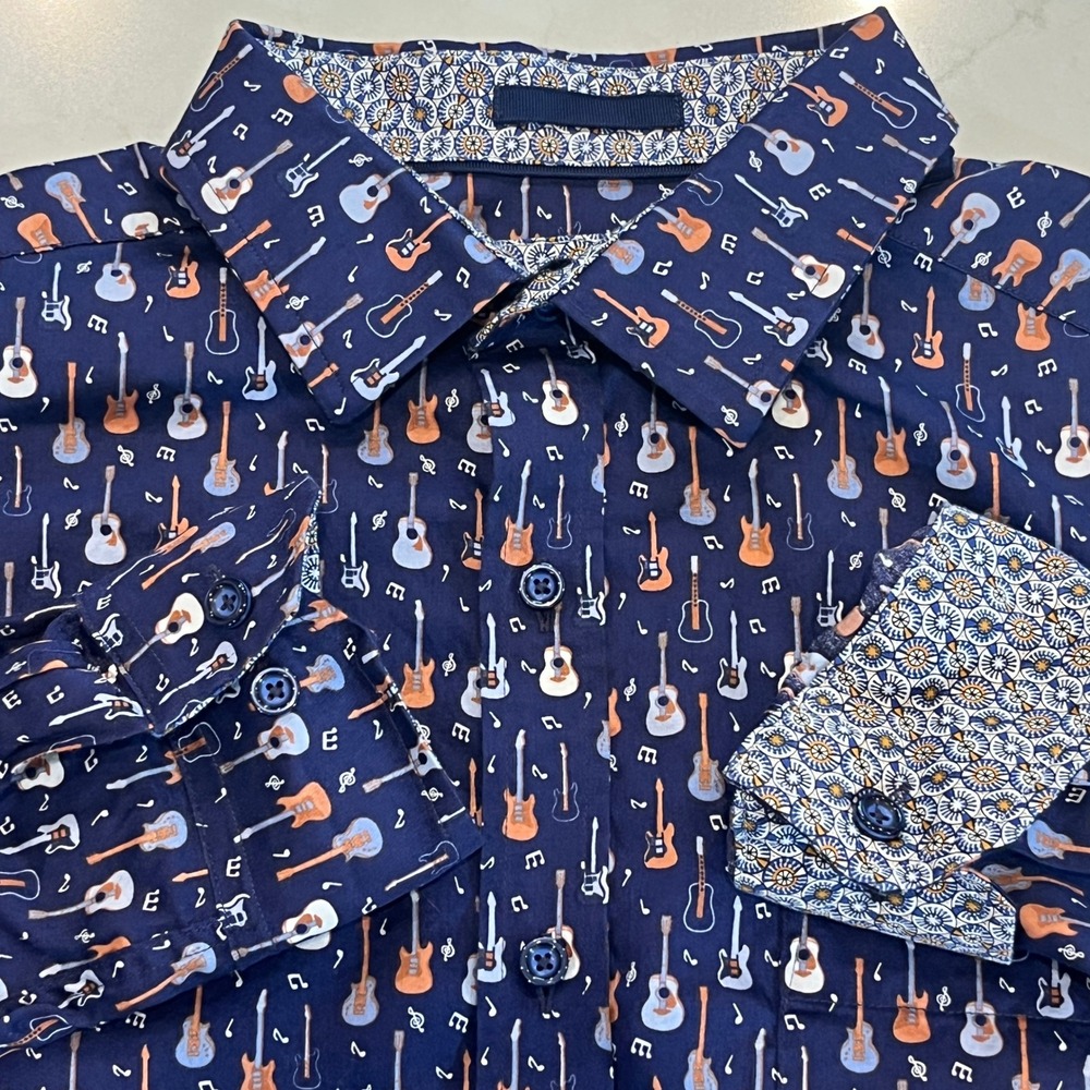Johnston & Murphy Guitar Print Button Down Shirt Mens Medium Navy Blue Cotton